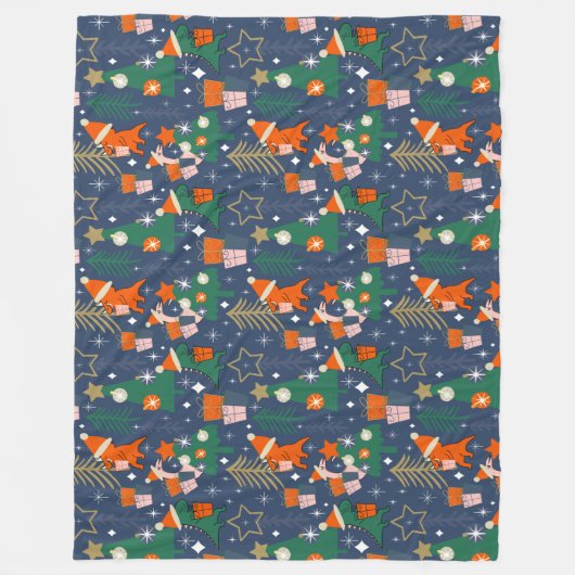 Dinosaurus Kerstfeest Blauw Fleece Deken (Voorkant)