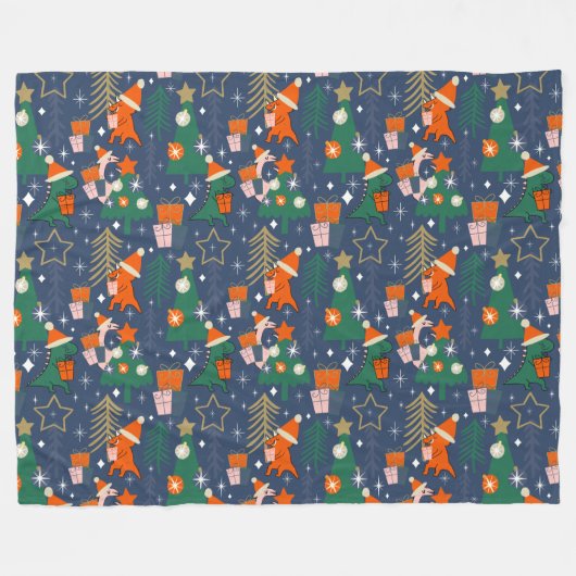 Dinosaurus Kerstfeest Blauw Fleece Deken (Voorkant (Horizontaal))
