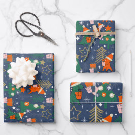Dinosaurus Kerstfeest Blauw Inpakpapier Vel