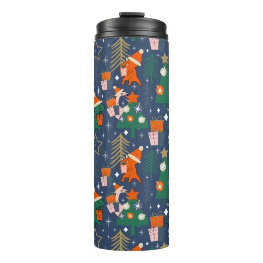 Dinosaurus Kerstfeest Blauw Thermosbeker (Voorkant)