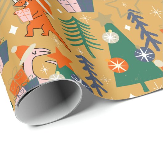 Dinosaurus Kerstfeest Geel Cadeaupapier (Rol Hoek)