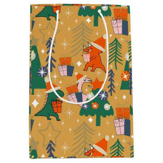 Dinosaurus Kerstfeest Geel Medium Cadeauzakje (Voorkant)