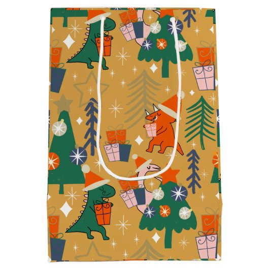 Dinosaurus Kerstfeest Geel Medium Cadeauzakje (Achterkant)