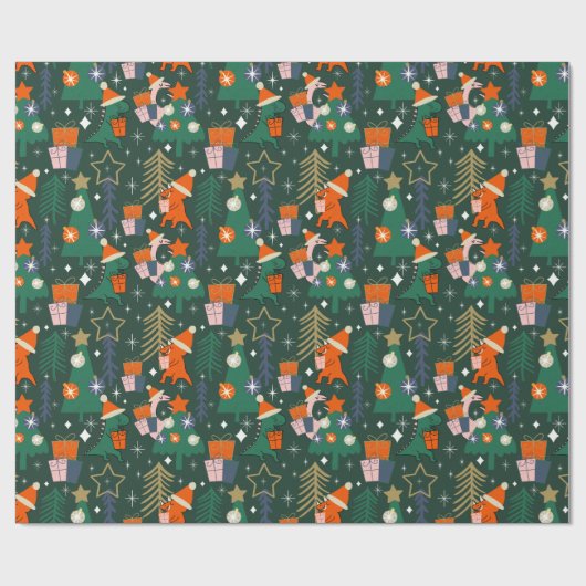 Dinosaurus Kerstfeest Groen Cadeaupapier (Vlak)