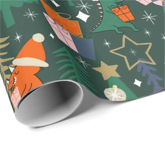 Dinosaurus Kerstfeest Groen Cadeaupapier (Rol Hoek)