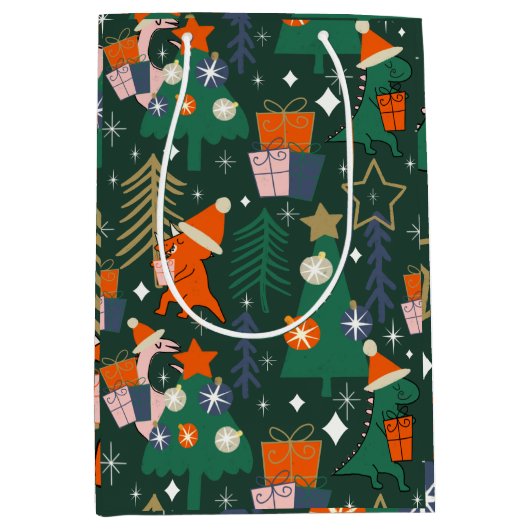 Dinosaurus Kerstfeest Groen Medium Cadeauzakje (Voorkant)