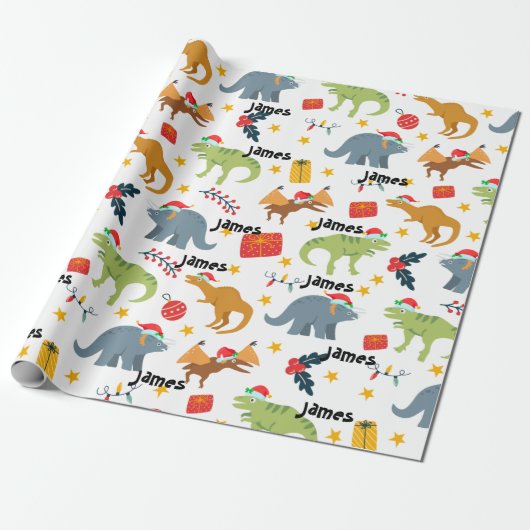 Dinosaurus Kerstmis Santa Hat Patroon & Aangepaste Cadeaupapier (Uitgerold)