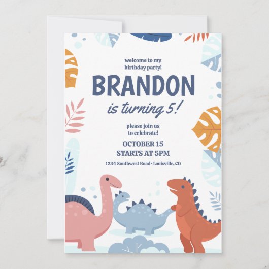 Dinosaurus Kids Verjaardagsfeestje Uitnodigen, Pri Kaart (Voorkant)