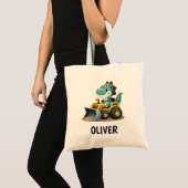 Dinosaurus Kind op Geel Bouwvoertuig Tote Bag (Voorkant (product))