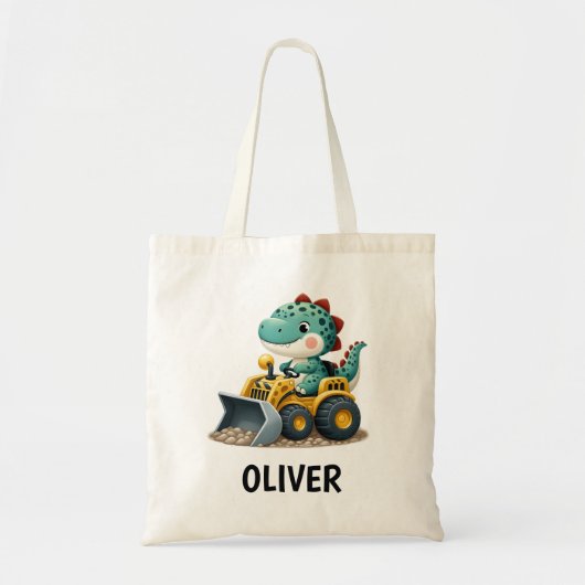 Dinosaurus Kind op Geel Bouwvoertuig Tote Bag (Voorkant)