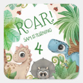 Dinosaurus Kinderen 4e Verjaardag Vierkante Sticker (Voorkant)