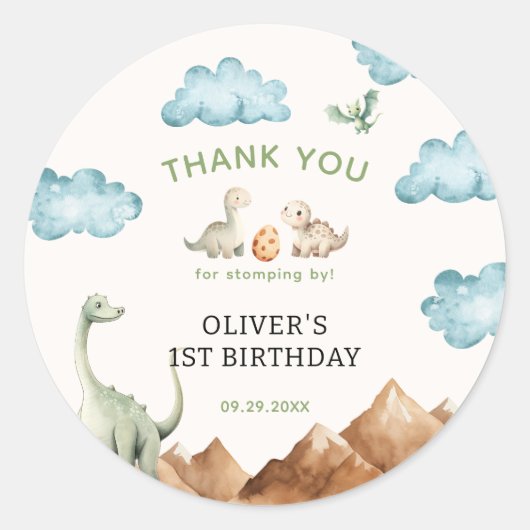 Dinosaurus Kinderen Verjaardag Bedankt Ronde Sticker (Voorkant)