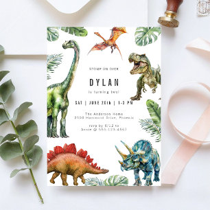 Dinosaurus Kinderen Waterverf Verjaardagsuitnodigi Kaart