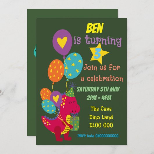 Dinosaurus kinderfeest uitnodiging (Voorkant / Achterkant)