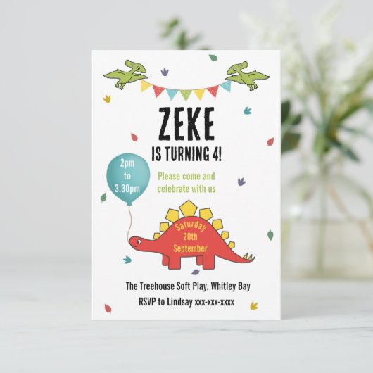 Dinosaurus kinderfeestje uitnodiging (Staand voorkant)