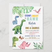 Dinosaurus Kleurrijk Schattige 1e Verjaardag Kaart (Voorkant)