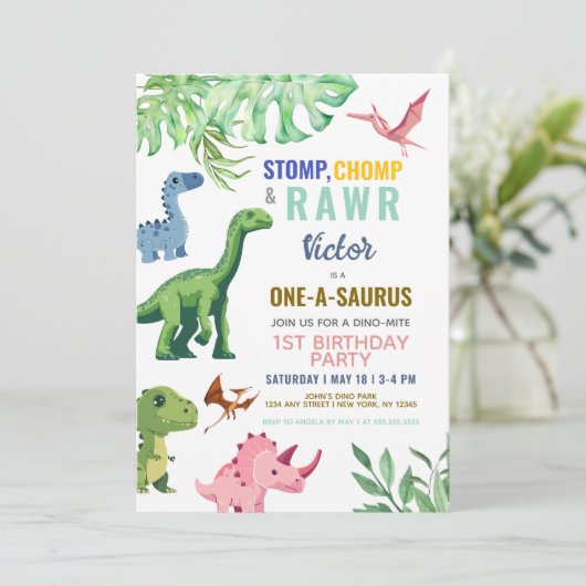 Dinosaurus Kleurrijk Schattige 1e Verjaardag Kaart (Staand voorkant)