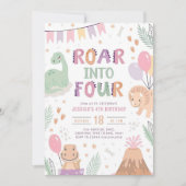 Dinosaurus Meisje 4e Verjaardag Nodig Schattigee B Kaart (Voorkant)