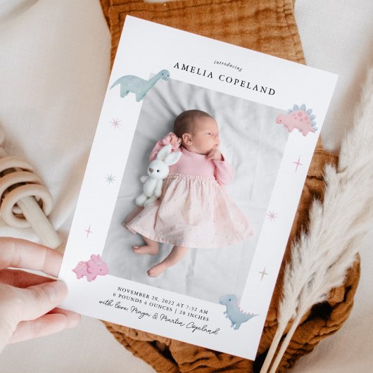 Dinosaurus Meisje Baby Foto Geboorte Aankondiging