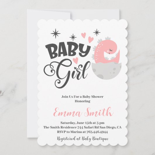 Dinosaurus Meisje Baby Shower Uitnodiging (Voorkant)