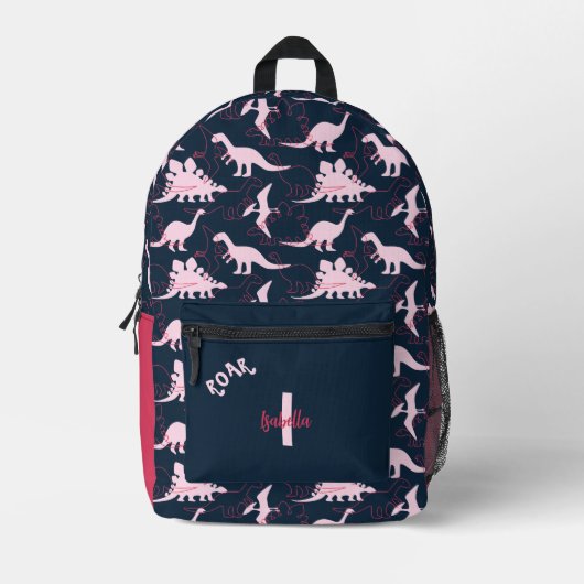 Dinosaurus Meisje Donkerblauw Roze Aangepaste Naam Bedrukte Rugzak (Voorkant)