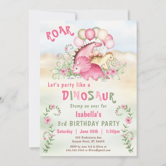 Dinosaurus Meisje Roze Pastel Schattige Bloemen 1e Kaart (Voorkant)
