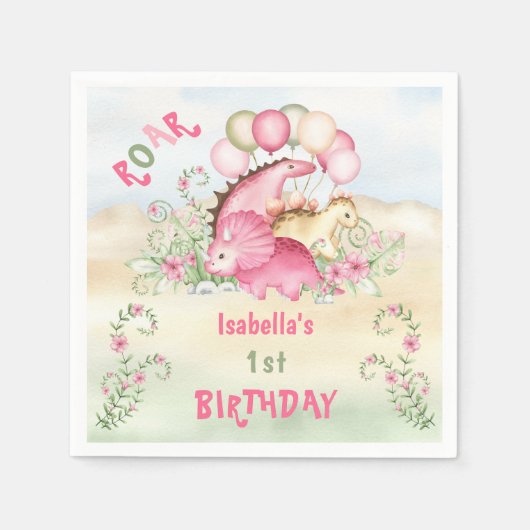 Dinosaurus Meisje Roze Pastel Schattige Bloemen 1e Servet (Voorkant)