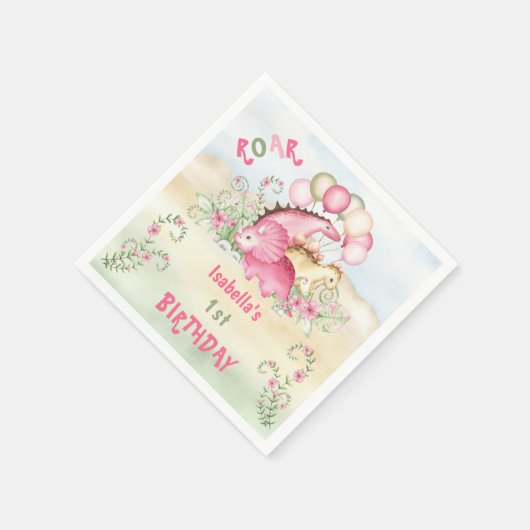 Dinosaurus Meisje Roze Pastel Schattige Bloemen 1e Servet (Hoek)