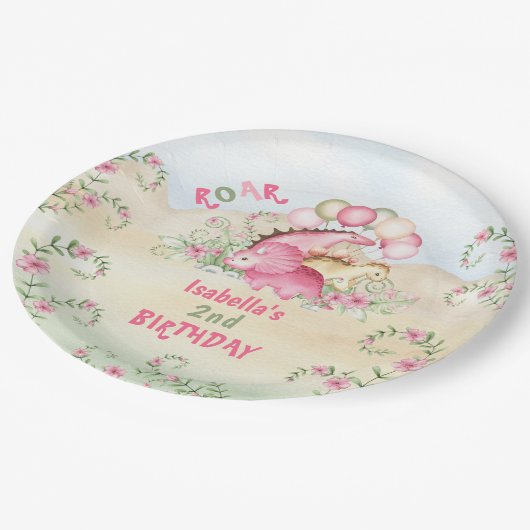Dinosaurus Meisje Roze Pastel Schattige Bloemen 2e Papieren Bordje (Gekanteld)