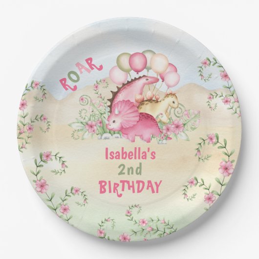 Dinosaurus Meisje Roze Pastel Schattige Bloemen 2e Papieren Bordje (Voorkant)