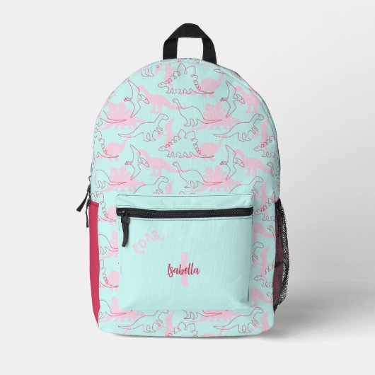 Dinosaurus Meisje Turquoise Blauw Roze Naam Monogr Bedrukte Rugzak (Voorkant)