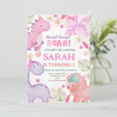 Dinosaurus meisje verjaardagsfeestje kaart (Staand voorkant)