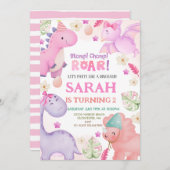 Dinosaurus meisje verjaardagsfeestje kaart (Voorkant / Achterkant)
