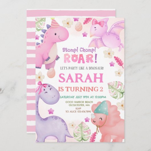 Dinosaurus meisje verjaardagsfeestje kaart (Voorkant / Achterkant)