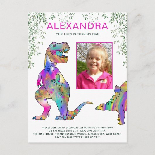 Dinosaurus Meisjes 5e Verjaardag Party Budget Uitnodiging Briefkaart (Voorkant)