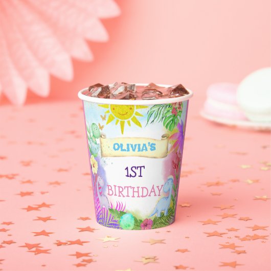 Dinosaurus Meisjes Bloemen Glitter Verjaardag Papieren Bekers (Insitu)