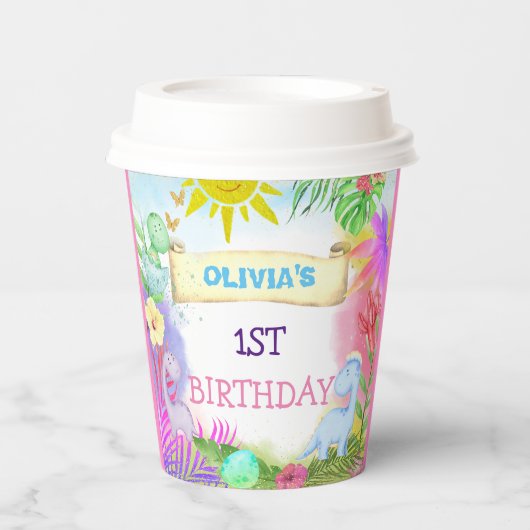 Dinosaurus Meisjes Bloemen Glitter Verjaardag Papieren Bekers (Voorkant)