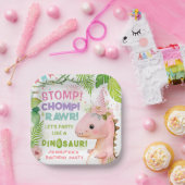 Dinosaurus Meisjes Roze Verjaardagsfeestje Papier  Papieren Bordje (Feest)