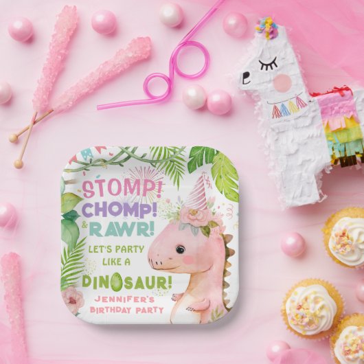Dinosaurus Meisjes Roze Verjaardagsfeestje Papier  Papieren Bordje (Feest)