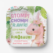 Dinosaurus Meisjes Roze Verjaardagsfeestje Papier  Papieren Bordje (Voorkant)