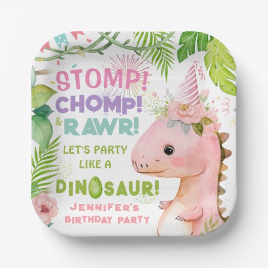 Dinosaurus Meisjes Roze Verjaardagsfeestje Papier  Papieren Bordje (Voorkant)