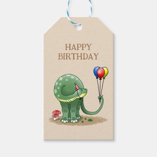 Dinosaurus met ballonnen verjaardag cadeaulabel (Voorkant)