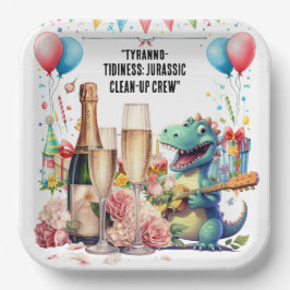 Dinosaurus met drinken papieren bordje