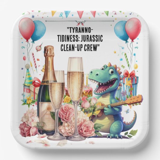 Dinosaurus met drinken papieren bordje (Voorkant)