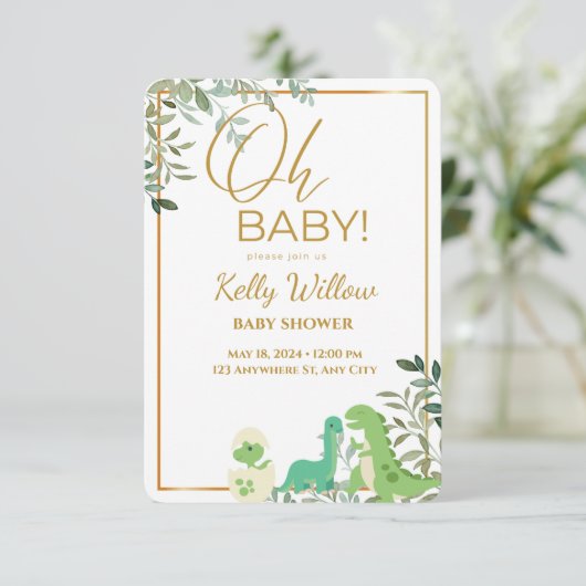 Dinosaurus met eucalyptusbladeren Oh Baby shower Kaart (Staand voorkant)