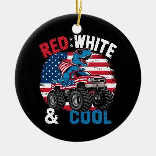 Dinosaurus Monster Truck Dino 4th van juli Vlag Jo Keramisch Ornament (Voorkant)