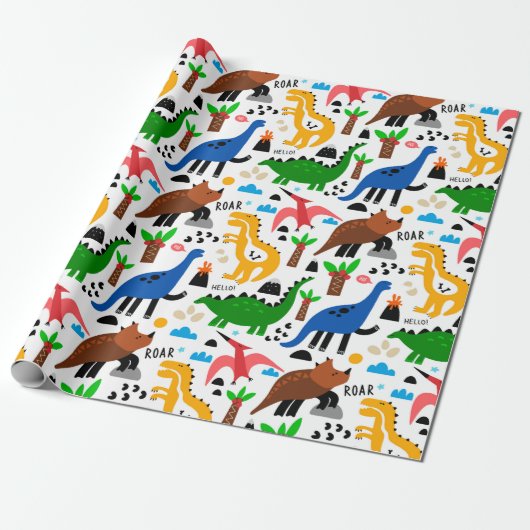 Dinosaurus naadloos patroon cadeaupapier (Uitgerold)