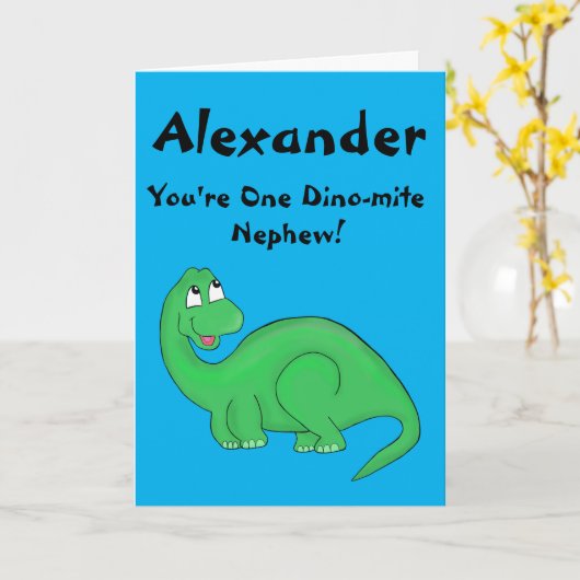 Dinosaurus neef leuke verjaardag kaart (Gele Bloem)