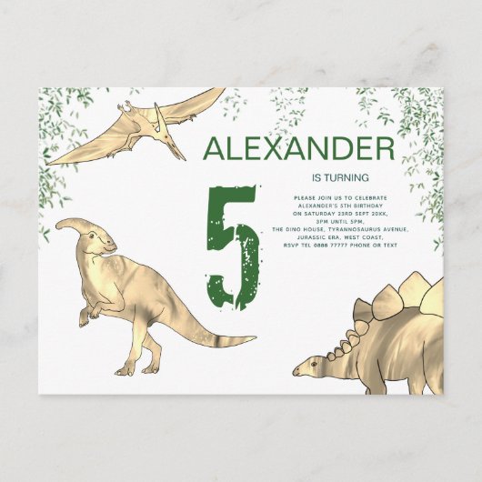 Dinosaurus Oerwoud 5e Verjaardagsfeestbudget Uitnodiging Briefkaart (Voorkant)