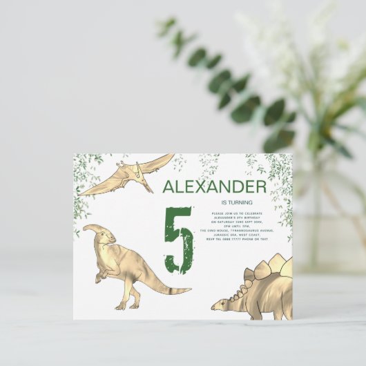 Dinosaurus Oerwoud 5e Verjaardagsfeestbudget Uitnodiging Briefkaart (Staand voorkant)